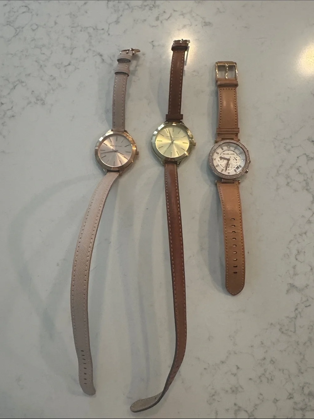 Michael Kors Trio Leather Strap Watches in Beige, Brown and Tan